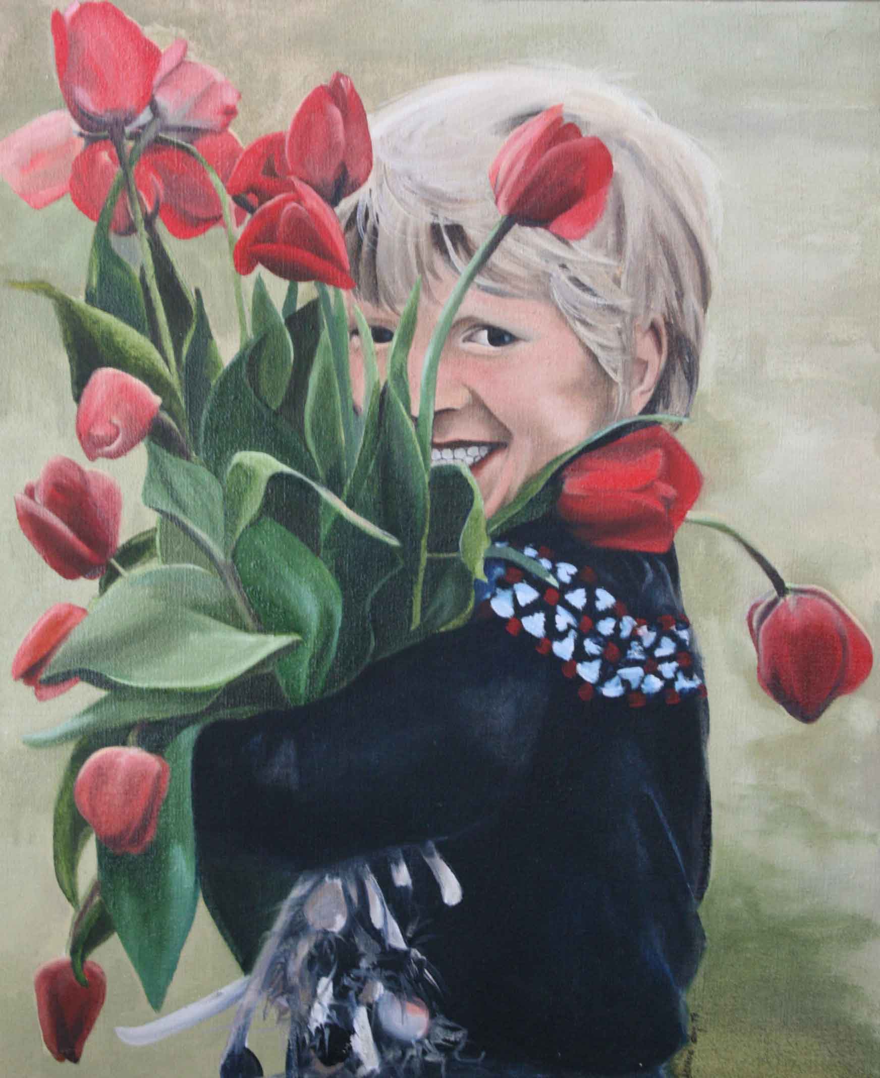 child w tulips